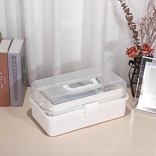 BTSKY 3-Layer Plastic Dividing Storage Box Craft Organizer with Adjustable Spacers Portable Handled Art Supply Organizer Multipurpose Home Utility Box for Medicine Box Sewing Box (Beige White) - color: Beige White