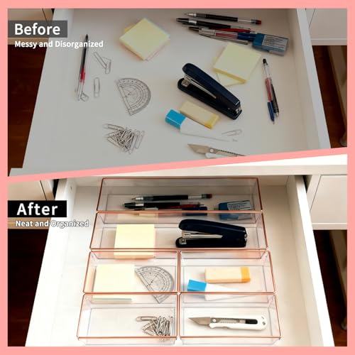 12 Pack Large Size Clear Stackable Drawer Organizer Trays, Rose Gold Rim Makeup Drawer Storage Tray Divider, Desk Storage for Makeup, Jewelry, Bathroom, Stationary, Kitchen Utensils and Office Desk - color: Rose Gold, size: 12 PACK