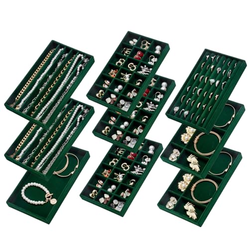 SPAKOWN Jewelry Drawer Organizer Inserts Set of 9, Jewelry Trays for Drawers Velvet Jewelry Organizer Tray Drawer Jewelry Organizers and Storage for Earring Ring Necklace Watch Bracelet (Green) - color: Green