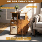TooCust Rotating End Table with Storage, Swivel Side Table Living Room, Side Table with Magazine Holder, Basket and Cabinet, Sofa Side Farmhouse End Tables with Open Shelf (Rustic Brown)