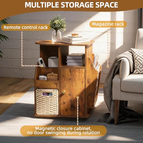 TooCust Rotating End Table with Storage, Swivel Side Table Living Room, Side Table with Magazine Holder, Basket and Cabinet, Sofa Side Farmhouse End Tables with Open Shelf (Rustic Brown)