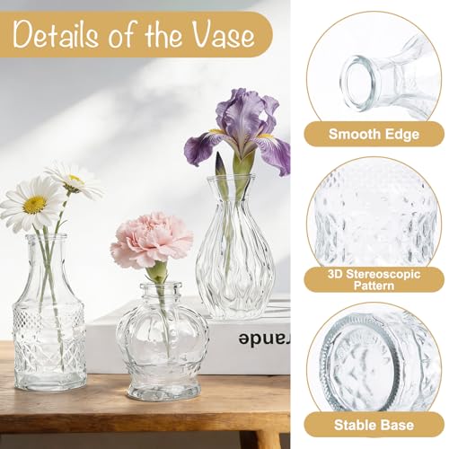 Petal Petite Glass Vase Set of 6 Small Clear Glass Bud Vases, Mini Vintage Flower Vases for Wedding Centerpieces & Table Décor, Champagne Vases in Bulk for Single Stem, Home and Office Decor - color: Clear