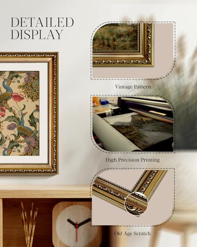 Golden Framed Canvas Wall Art Vintage Peacock, Classic Vine With Poppies Floral Canvas Print Wall Decor, Bird Art Print Wall Hanging 11x14 inch, for Bedroom Bathroom Living Room Decor - color: Peacock, size: 14"L x 11"W