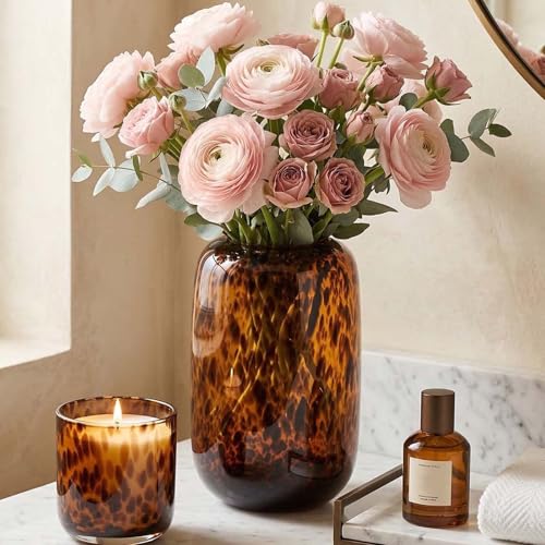 10.3in Amber Vase,Tortoise Shell Decor,Brown Glass,Round Art,Modern Clear Glass Vase,Decorative Bottles for Home Decor,Farmhouse Centerpiece,Wide for Living Room, Kitchen,Office, Dining (L) - size: Large