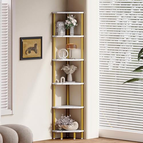 6 Tier Corner Shelf, 66.5'' Tall Standing Shelf, Narrow Display Shelf Stand, Modern Corner Bookshelf, Plant Stand, Corner Bookcase for Living Room, Bedroom, Bathroom, Gold and White LCS502GC - color: Gold and White