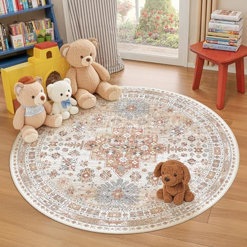 zesthome Washable Round Area Rugs - Non-Slip 6ft Round Rugs, Ultra-Thin Large Circle Rugs for Living Room, Soft Low Pile Rug for Bedroom, Kitchen, Nursery - Vintage Stain Resistant Round Rug - color: Orange, size: 6' (Round)