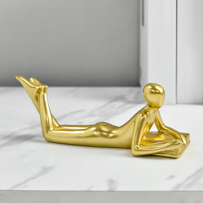 Gold Thinker Statue Reading a Book - Resin Modern Abstract Figurine Home Office Desk Decor, Unique Gift for Book Lovers (Style A) - color: Thinker-gold-a