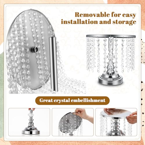 Bokon 6 Pcs Crystal Cake Stand Round Dessert Cupcake Holder Metal Stand Table Cake Pedestal with Crystal Pendant Wedding Bead Dessert Cupcake Pastry Display Plate for Wedding Birthday Party (Silver) - color: Silver