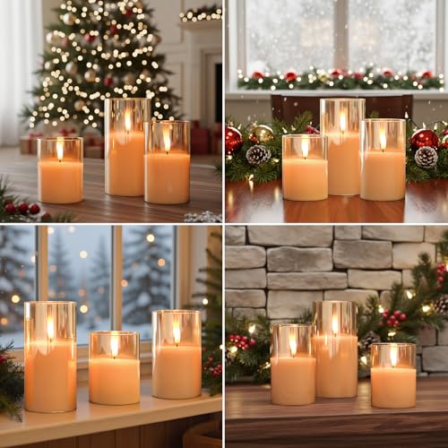 GenSwin Flameless Led Candles Flickering Battery Operated with Remote, Real Wax 3D Wick Moving Pillar Candles with Timer Remote Glass Effect for Festival Wedding Christmas Home Decor(Gold) - color: 3-Gold