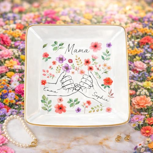Pofily Personalized Ring Dish for Mom, Custom Jewelry Dish Holder, Ceramic Ring Holder Tray with Gold Trim, Mothers Day Gift for Mom, New Mom Gift, Engagement Gift for Her - color: Design 04