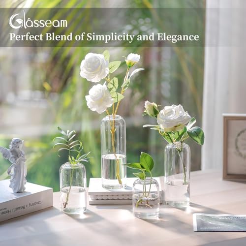 Glasseam Glass Bud Vase for Centerpieces, 4pcs Small Flower Vase Set for Single Rose Bouquet, Modern Minimalis Clear Table Centerpieces for Home Decor Living Room Bathroom Kitchen Wedding Party