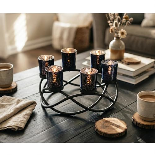 Seraphic Halloween Candle Holder Centerpiece Decoration – Black Metal Iron 6-Cup Votive Tealight Holder for Spooky Table Gothic Decor, Kitchen & Dining Room, Coffee Tables - color: Black