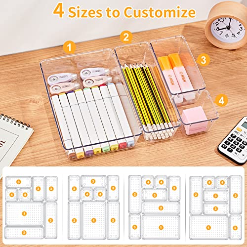 SMARTAKE 28 Piece Drawer Organizers with Non-Slip Silicone Pads, 4-Size Desk Drawer Organizer Trays Storage Tray for Makeup, Jewelries, Utensils in Bedroom Dresser, Office and Kitchen, Clear - size: 28 PCS
