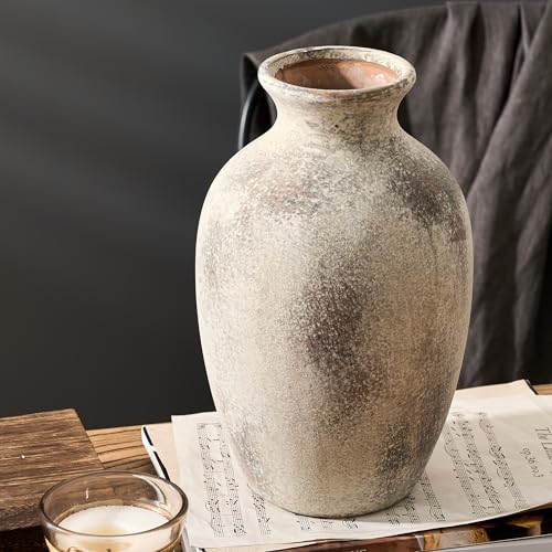 Large Ceramic Rustic Flower Vase, 10.43 Inch Tall Vintage Pottery Home Decor, Antique Farmhouse Terracotta Vase for Living Room, Table, Shelf, Mantel Decoration, Farmhouse - Natural Brown - color: Natural Brown- 10.43"