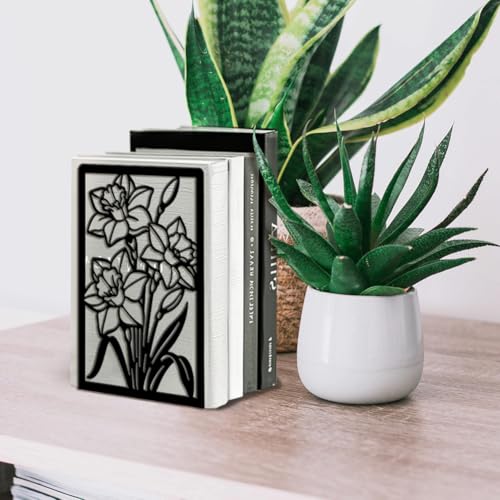 Peacoblue Metal Bookends for Shelves, Modern Decorative Heavy Duty Study Book Ends Stoppers for Office, Desk, Shelf, Room 5.3"x4.3"x7.9" Cast Iron Simple Tall Bookends 1 Pair (Daffodils) - style: Daffodils