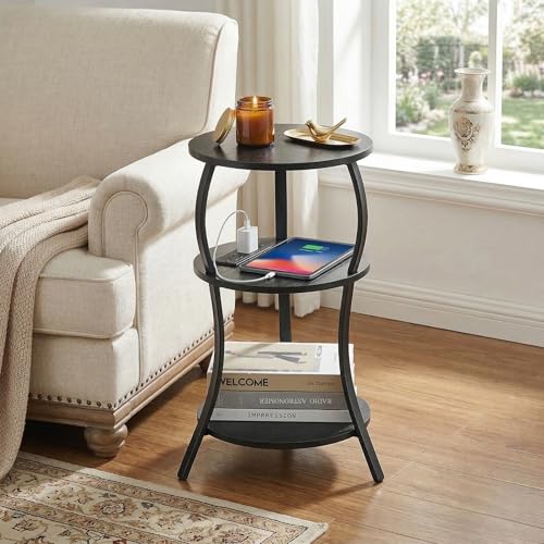 Small Round Side Table with Charging Station, 3-Tier Waist Circular End Table with Storage Shelf, Compact Tea Sofa Side Table Small Spaces, Round Corner Coffee Table for Living Room Bedroon,Black - color: Black, style: USB Charger
