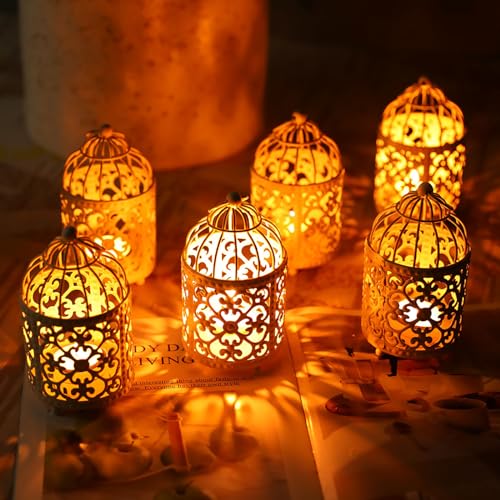 JHY DESIGN 6 Pcs Wedding Centerpieces 5.5 inch Height Small Metal Candle Stick Holder Hanging Birdcage Tealight Lantern Hollow Candle Holders for Table Valentine Patio Indoor Outdoor (Cream White) - color: Cream White