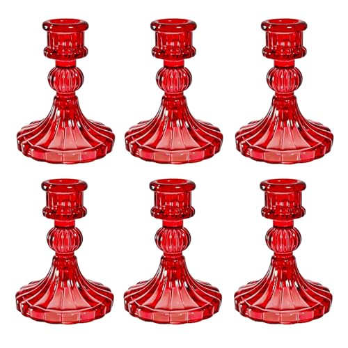 Glass Candlestick Holder,Striped Taper Candle Holders,Set of 6 Candle Stand for Table Centerpieces, Home Decor,Weddings,Festival and Parties (Red Stripe Pattern) - color: Red Stripe Pattern