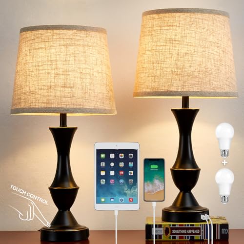 Luvkczc Upgraded Touch Table Lamps Set of 2, 22" Tall Bedside Lamps with USB C+A Ports, Dimmable Nightstand Lamps for Bedroom, Living Room, Office, Black Lamp with Beige Lampshade, Bulb Included - color: Black, Beige, size: 22in