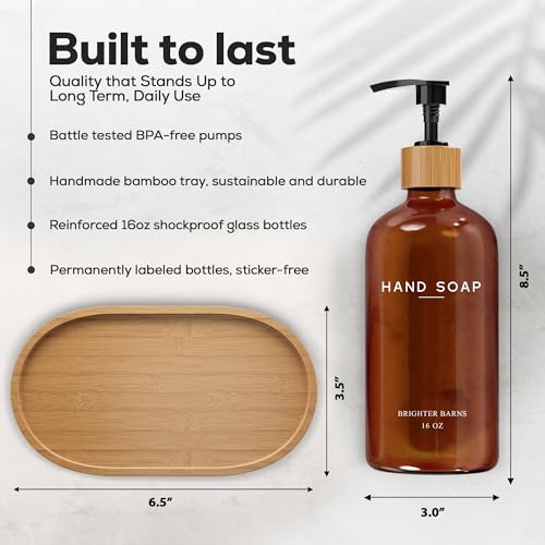Amber Glass Soap and Lotion Dispenser Set with Tray by Brighter Barns - Hand Soap Dispenser Bathroom Set - Glass Bottles with Pump - Bamboo Home Accessories & Modern Bathroom Decor for Airbnb (Amber) - color: Amber Sl