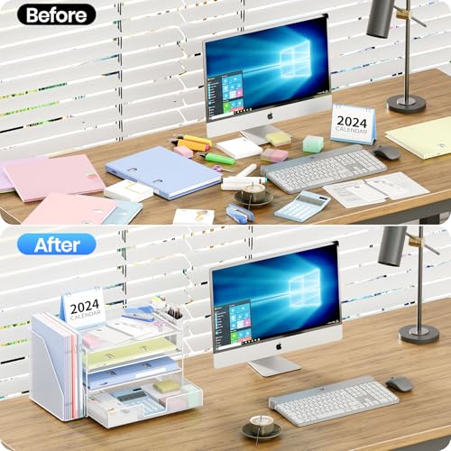 OPNICE Desk Organizer, 4-Tier Desktop File Organizer with Drawer and 2 Pen Holders, Office Desk Accessories, File Sorters, Workspace Organizers for Office Supplies(White) - color: White, size: 4-Tier