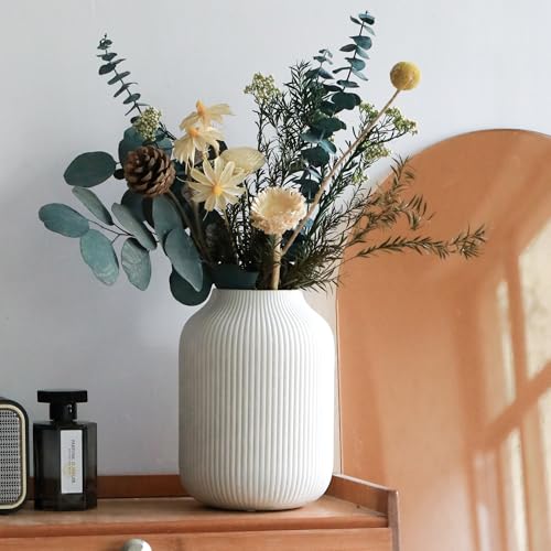 flature Ceramic Vase with Grooves - Waterproof Flower Vase in Matte White for Fresh Flowers, Dried Flowers, Pampas Grass, Large 7.9" Tall Vase as a Gift, Decoration for Living Room, Bedroom, Office. - color: White