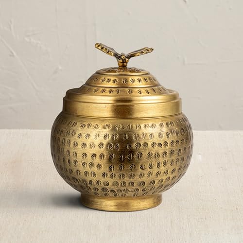 Creative Co-Op Round Hammered Metal Container with Butterfly Finial, Brass Finish - style: Butterfly