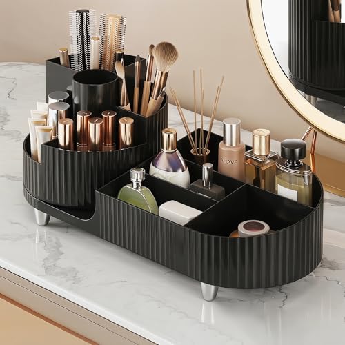 Booklov Rotating Makeup Caddy Organizer for Vanity, Large Capacity Cosmetic Display Case, Countertop Beauty Storage Holder for Skincare, Brush Eyeshadow Lipstick, Counter Desk Organization, Black - color: Black, size: L01