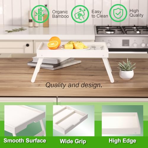 Fibogollo 4 Pack Bamboo Bed Tray Table with Folding Legs,Breakfast Trays,Serving Tray for Food and Snack,Laptop Trays for Working(White) - color: White, size: 4 PC