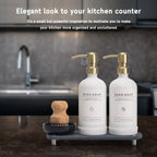[Luxury] Kitchen Soap Dispenser Set - 16OZ White Glass Bottle, Stainless Steel Pump, Instant Dry Tray, Waterproof Labels, Non-Slip Silicone Pad, and Dish Brush | Upgrade for Your Kitchen and Bathroom - color: White Bottle + Gold Pump