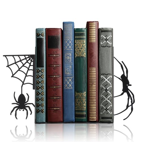 Geelin Creepy Spider Metal Bookends Set of 2 Styles Gothic Black Spider and Web Book Ends for Shelves Scary Home Office Desk Bookshelf Decor Gift for Book Lovers Reading Enthusiasts - style: Spider