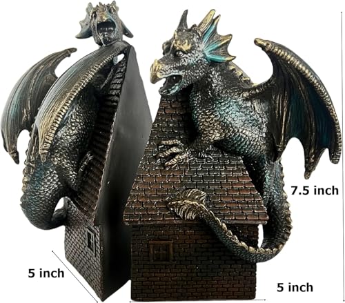 Bellaa 28670 Decorative Bookend Dragon Bookshelves Decor Heavy Duty Non Skid Vintage Antiques Classic European Medieval Aesthetic Winged Guardian Protect Prosper Peace