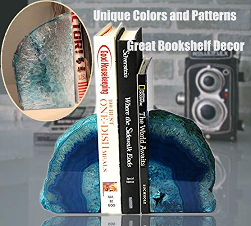 AMOYSTONE Agate Geode Bookends Heavy Duty Stone Book Ends Decorative Bookend Holder Home Office Decor with Rubber Bumpers Teal 1 Pair, 2-3 LBS - color: Dyed Teal, size: 2-3LBS