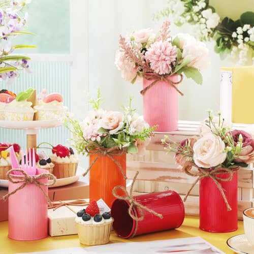 Rustic Vase for Table Centerpieces 4.33 Inch Small Petite Flower Vase with Twine Bow Vintage Farmhouse Decor for Wedding Reception Dining, Home Galvanized Metal Buckets(Orange, Fuchsia, Pink,12 Pcs) - color: Orange, Fuchsia