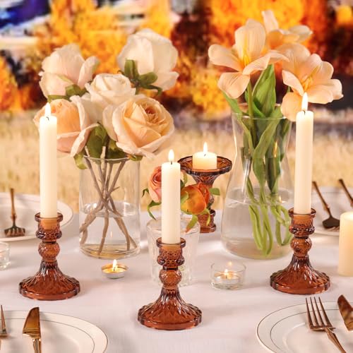 Amber Candle Holder Set of 12, Glass Taper Candle Holders, Amber Candlestick Holders, Candle Stick Holder for Table Centerpieces, Vintage, Home Decor - color: Amber