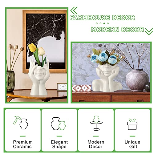 Sieral 3 Pcs Ceramic Face Vase Female Form Flower Modern Body Vase for Decor with Head Half Body Bust Centerpiece for Table Shelf Home Bedroom Room Office(Large,White) - color: White, size: Large