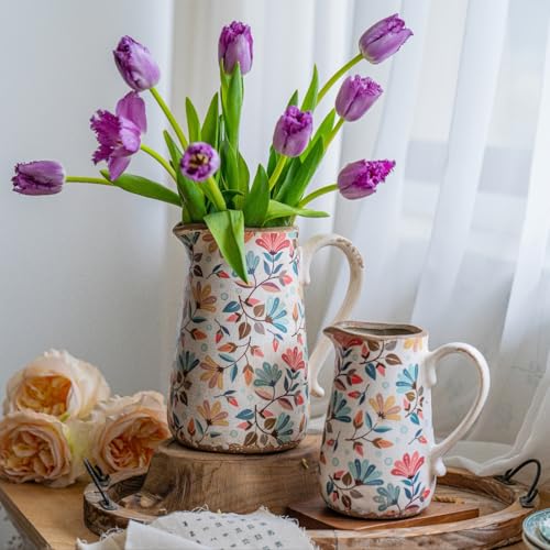 Vintage Colorful Flower Ceramic Vase with Handle, Retro Ice Glazed Crack Farmhouse Pitcher Vase for Home Decor, Living Room, Shelf, Office, Rustic Table Centerpiece 9 Inch - color: Phoenix Tail Flower, size: Large Pitcher