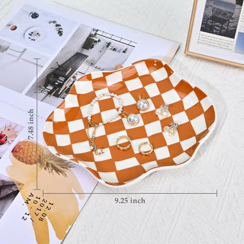 Koythin Jewelry Tray, Ceramic Jewelry Dish Trinket Tray Organizer, Checkered Pattern Aesthetic Decorative for Kitchen, Bathroom, Birthday Gift (Brown Plaid) - color: Brown Plaid
