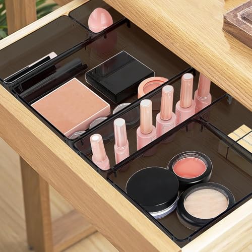 StorMiracle 16 PCS Drawer Organizer Set, 5 Varied Size Bathroom and kitchen Drawer cabinet organizer Trays, Clear Storage Bins for Makeup, Jewelry, Utensils and Gadgets, Black - color: Black, size: 16 PCS