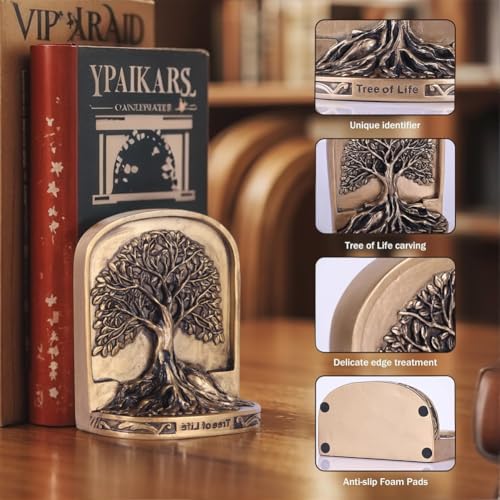 Resin Tree of Life Bookends Set, 2Pcs Decorative Non-Skid Book Ends for Heavy Books, Shelves, Bookcase or Desk - Antique Bronze Color Home Décor Gift, Library and Office Decor - color: Brown