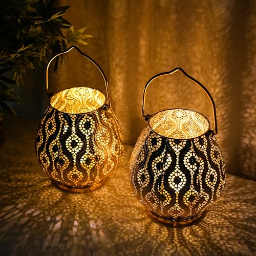 TRIROCKS Set of 2 Moroccan Decorative Lamps 8'' High Cordless Lamp Metal Table Lamps with Fairy Lights Bulb for Home Living Room Garden Yard Party Events Tabletop Indoor Outdoor(Gold) - color: Gold