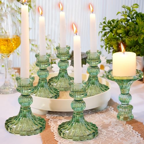 Maxcheck Set of 6 Candlestick Holders Taper Glass Candle Holder Decorative Candle Stand for Wedding Party Table Centerpiece Anniversary Festival Home Decor(Green) - color: Green