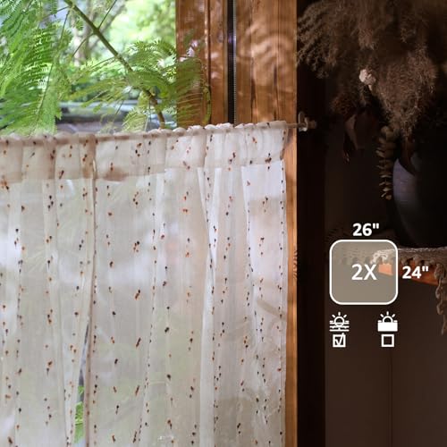 jinchan Semi Sheer Kitchen Curtains for Window 24 Inch Mini Pom-Pom Voile Tier Curtains Light Filtering Small Drapes for Bedroom Living Room Rod Pocket 2 Panels Amber Bloom - color: Dottie Amber Bloom, size: 26"W x 24"L (Pack of 2)