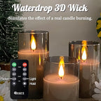 Rechargeable Flameless Candle, Flashing LED Pillar Real Wax Candle with Remote Control and Timer, Upgraded Teardrop Wick, Gray Electronic Candle, 1 Set of 3 - color: Grey Glass-Droplet