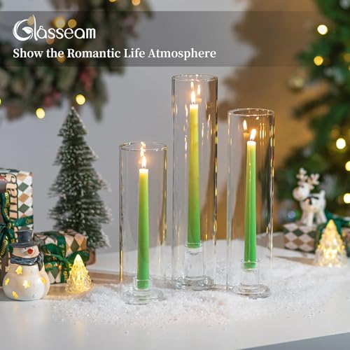 Glasseam Hurricane Taper Candle Holders: Set of 3 Glass Candlestick Holders with Clear Tall Cylinder Candle Sleeves for Centerpiece Table Outdoor Wedding Home Decor 9.84''/11.84''/13.78'' - size: Hurricane+Candlestick