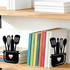 2pcs Black Metal Bookends with Tableware Patterns Adjustable Book Ends for Shelves Heavy Duty Iron Book Stopper with 8 Non-Slip Pads Kitchen Bookends for Cookbooks Vinyl Records Office