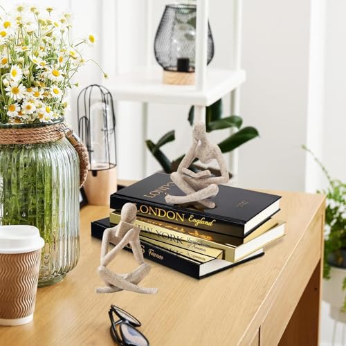Reading Thinker Statue, Sculptures Abstract Art Ornament, Modern Aesthetic Figurine Decoration Set of 2 Status for Home Living Room Bedroom Office Shelf Table Desk Bookshelf Decor (Sandstone) - color: Sandstone
