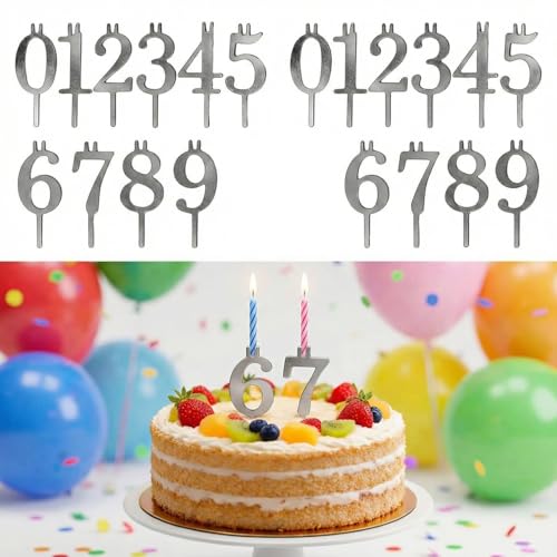 20 PCS (2 Sets) Reusable Number Candle Holder Set for Birthday Cakes - Metal Number Candle Holders Stand - Silver Cake Topper Decorations