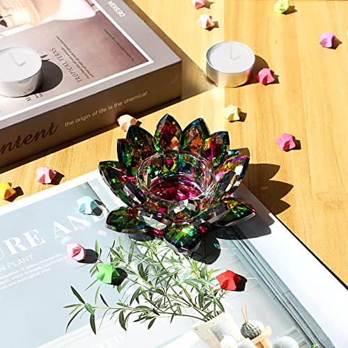 OwnMy Colorful Crystal Lotus Flower Tea Light Holder - Lotus Petals Votive Candle Holder Candle Lamp, Glass Flower Tealight Candle Stand for Table Centerpiece Wedding Decors - color: Colorful