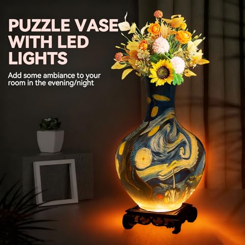 3D Puzzles Vase for Adults, Crafts for Adults, 164 Pieces Plastic DIY Unique Flower Vase with LED Light House Warming Gift Birthday Gifts for Flower Arrangements and Home Decor - color: Blue 2